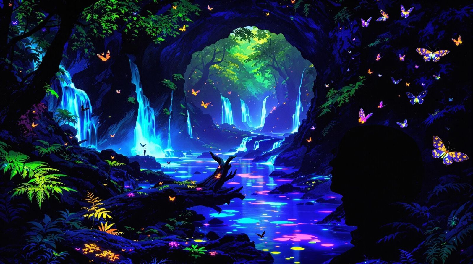 Luminous Night Forest in Blacklight Poster Style