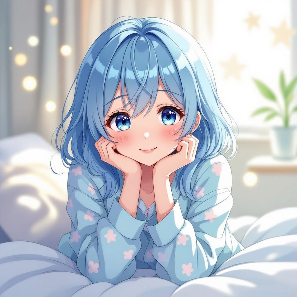 Anime Girl with Pastel Blue Hair in Manga Style