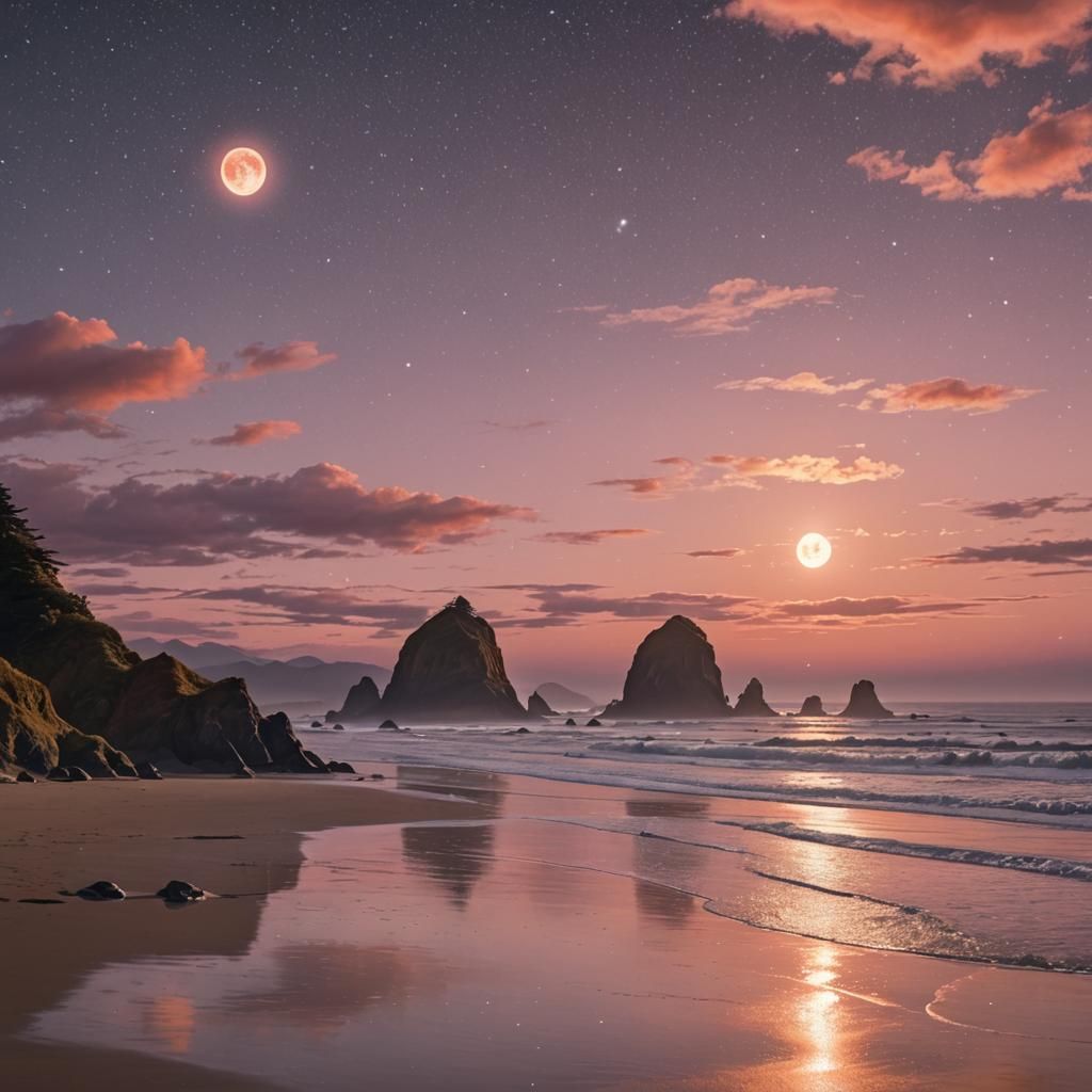 Canon Beach Sunset with Full Moon in Anime Style