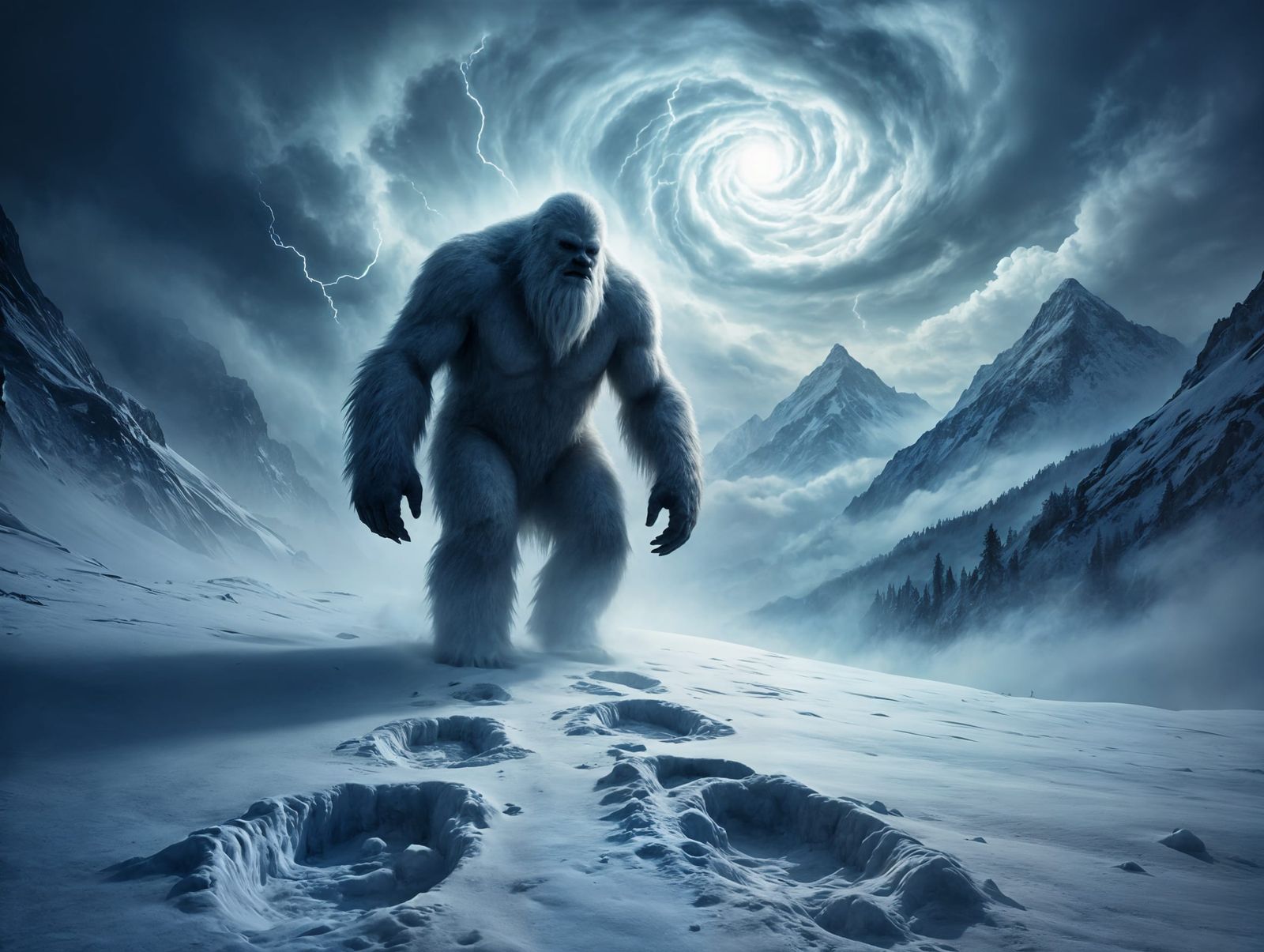 Snowy Yeti Trekking Lonely Mountains in Frosty Winter Storm