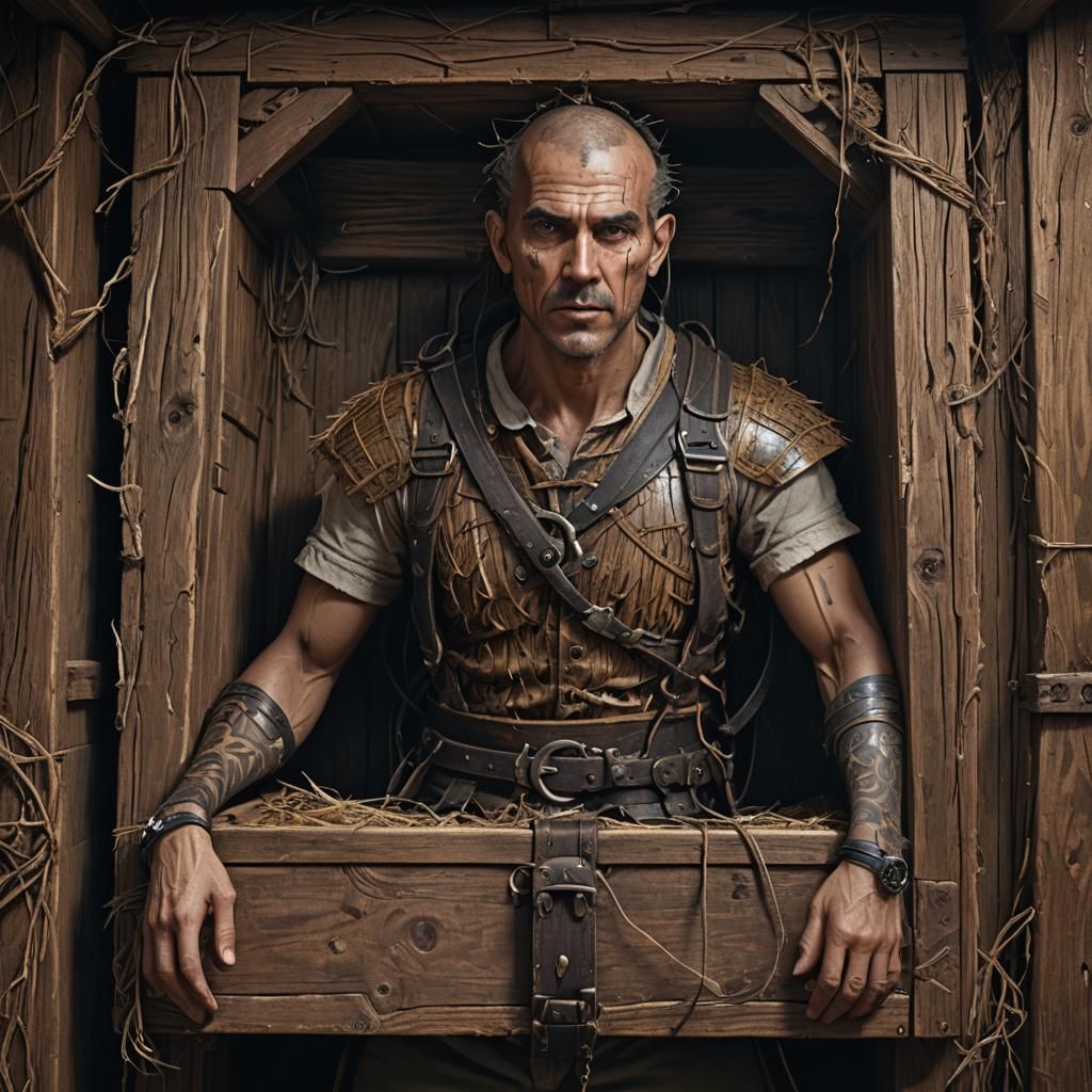 Surreal Asylum Patient Encased in Wooden Box