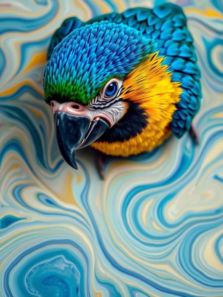 Vibrant Macaw on Marbled Paper, Psychedelic Art