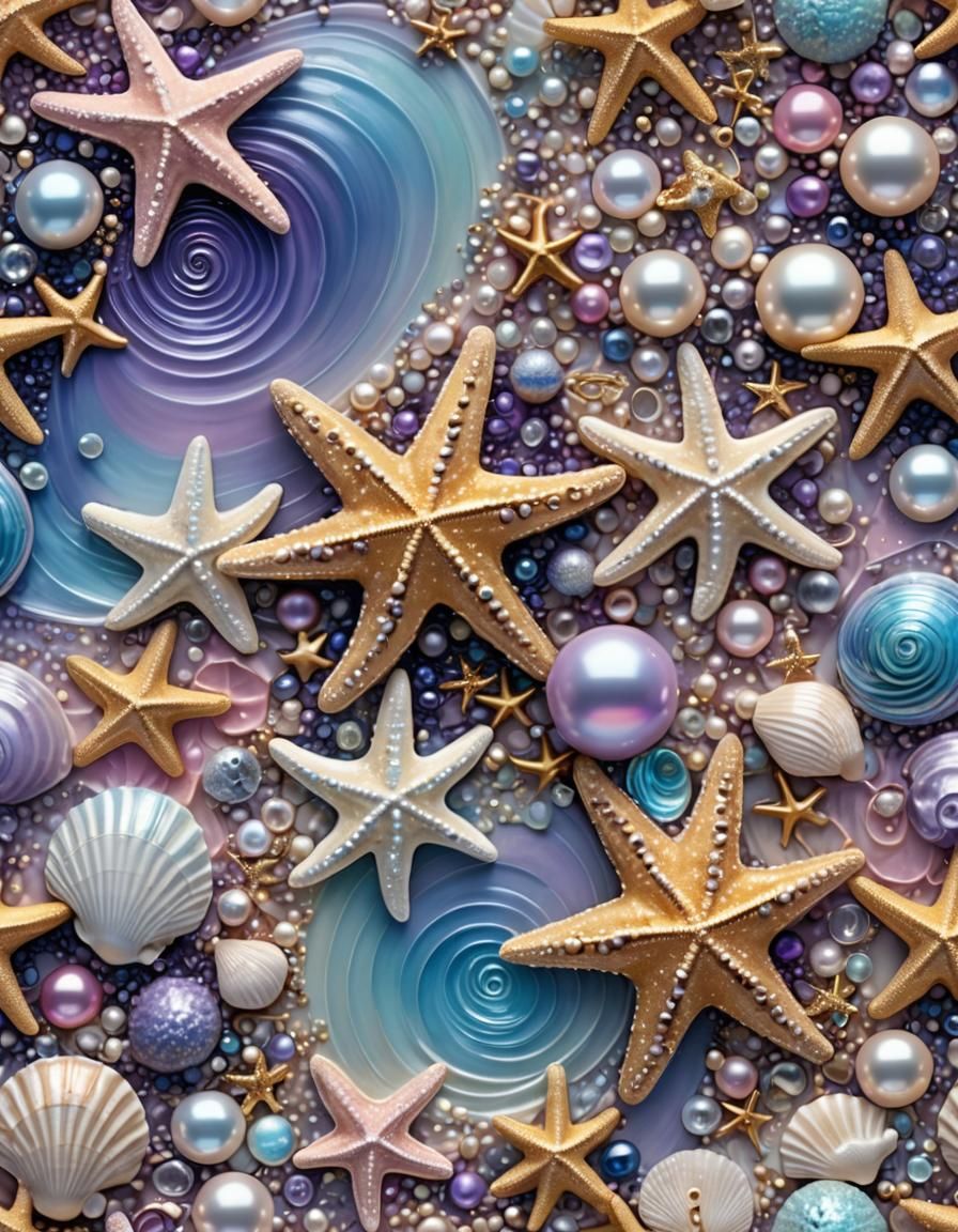Iridescent Starfish and Seashells Abstract Beach Scene