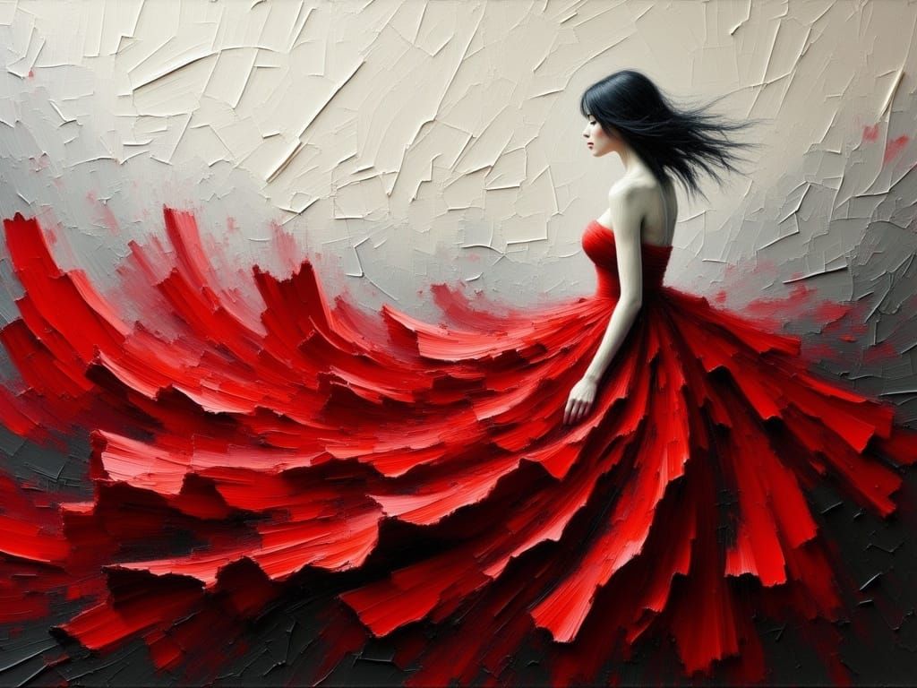 Surreal Red Goddess Unfurls in Cracked Impasto