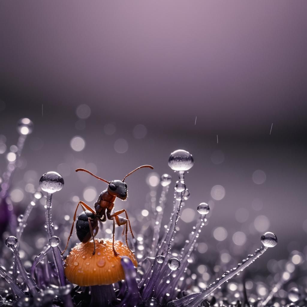 Macro Ant on Violet Mushroom at Dawn