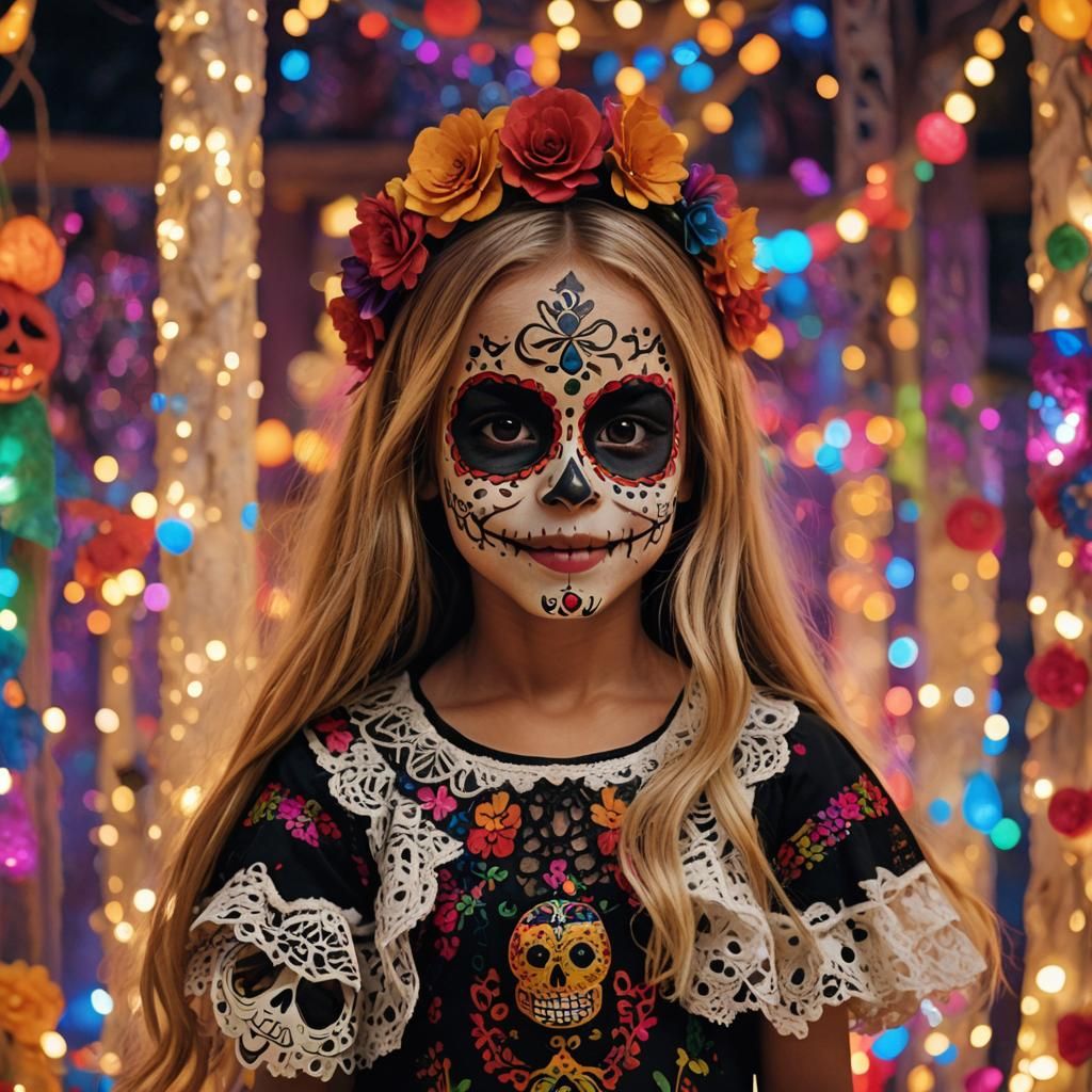 Peruvian Girl as Catrina in Mexican Holiday Setting