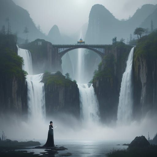 Ethereal Fantasy Pop Star Amidst Towering Waterfall