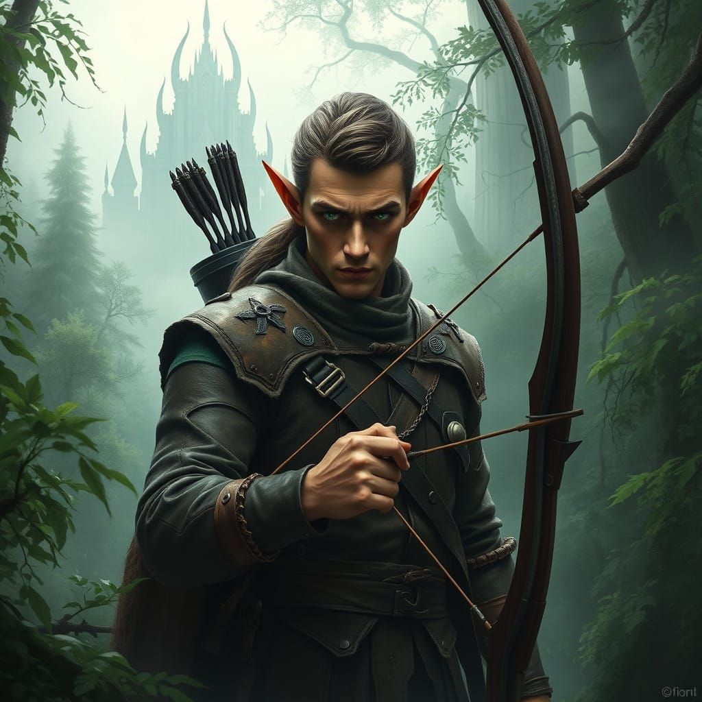 Elf Ranger Emerges from Ancient Forest in Stoic Determinatio...