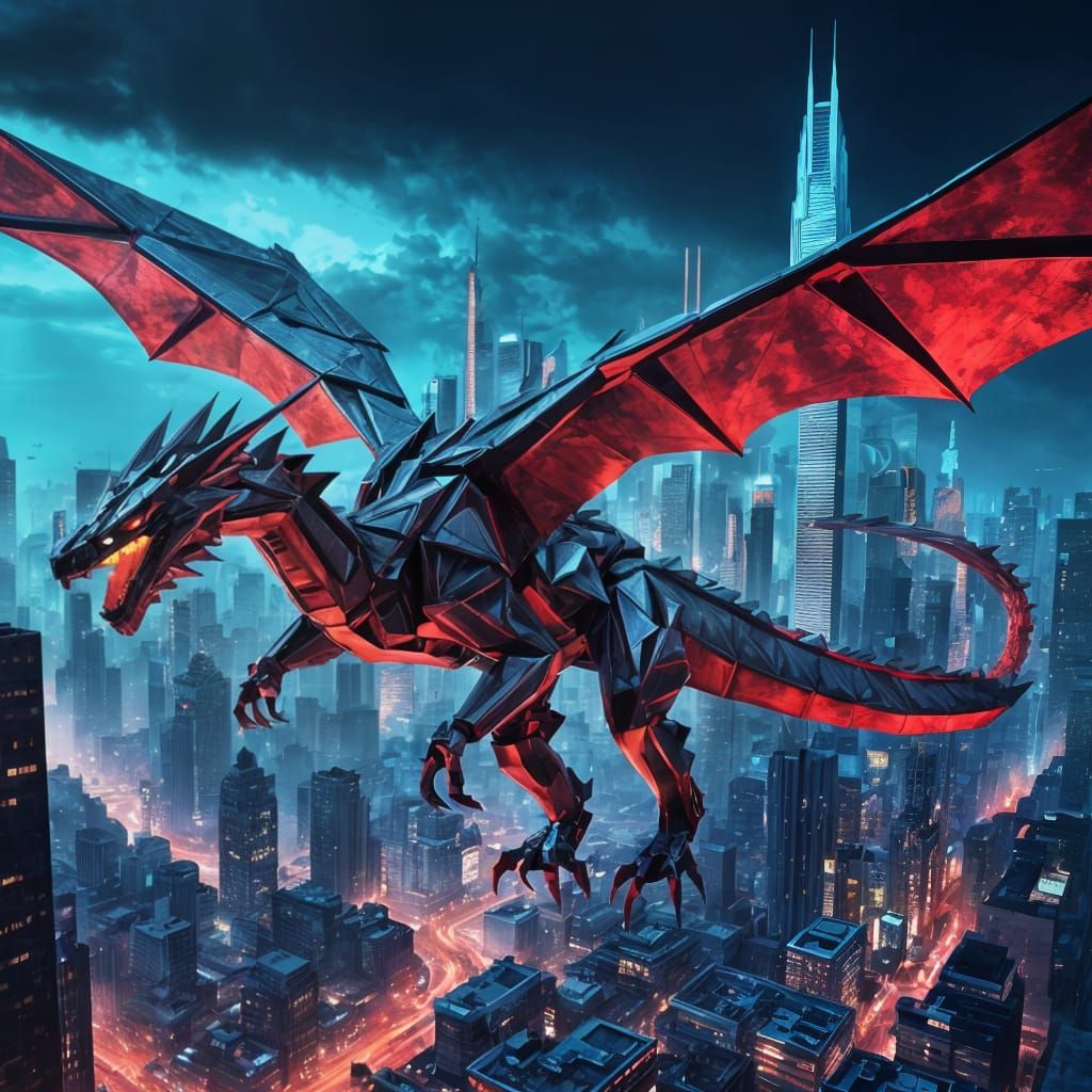 Cyberpunk Origami Dragon Soars Above Futuristic City