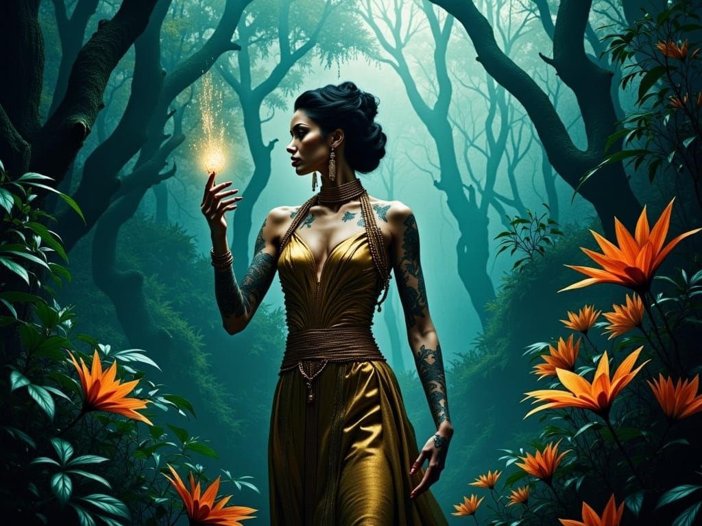 Elegant Fashion Ambassador in Futuristic Forest