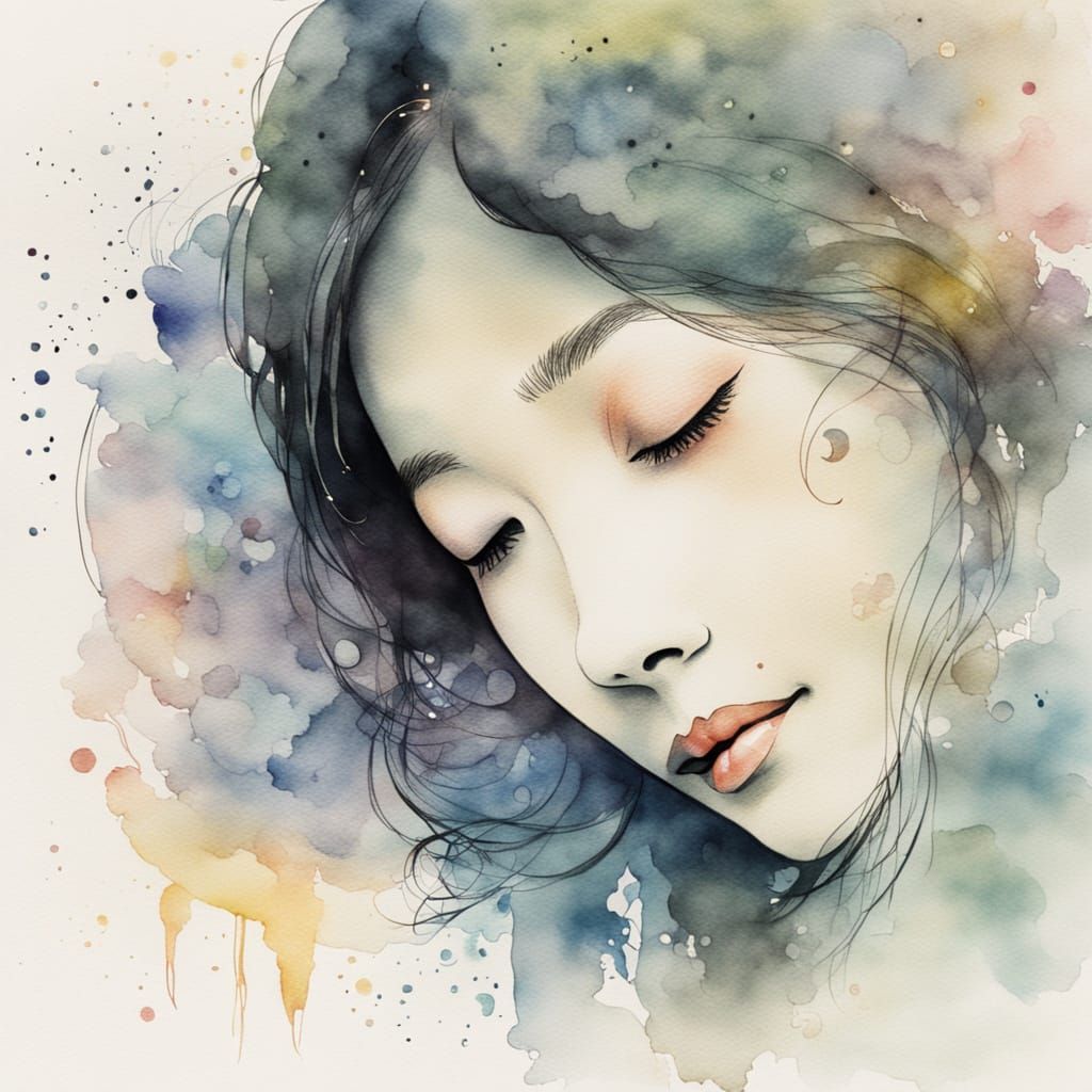 Ethereal Watercolor Portrait of a Young Japanese Lady