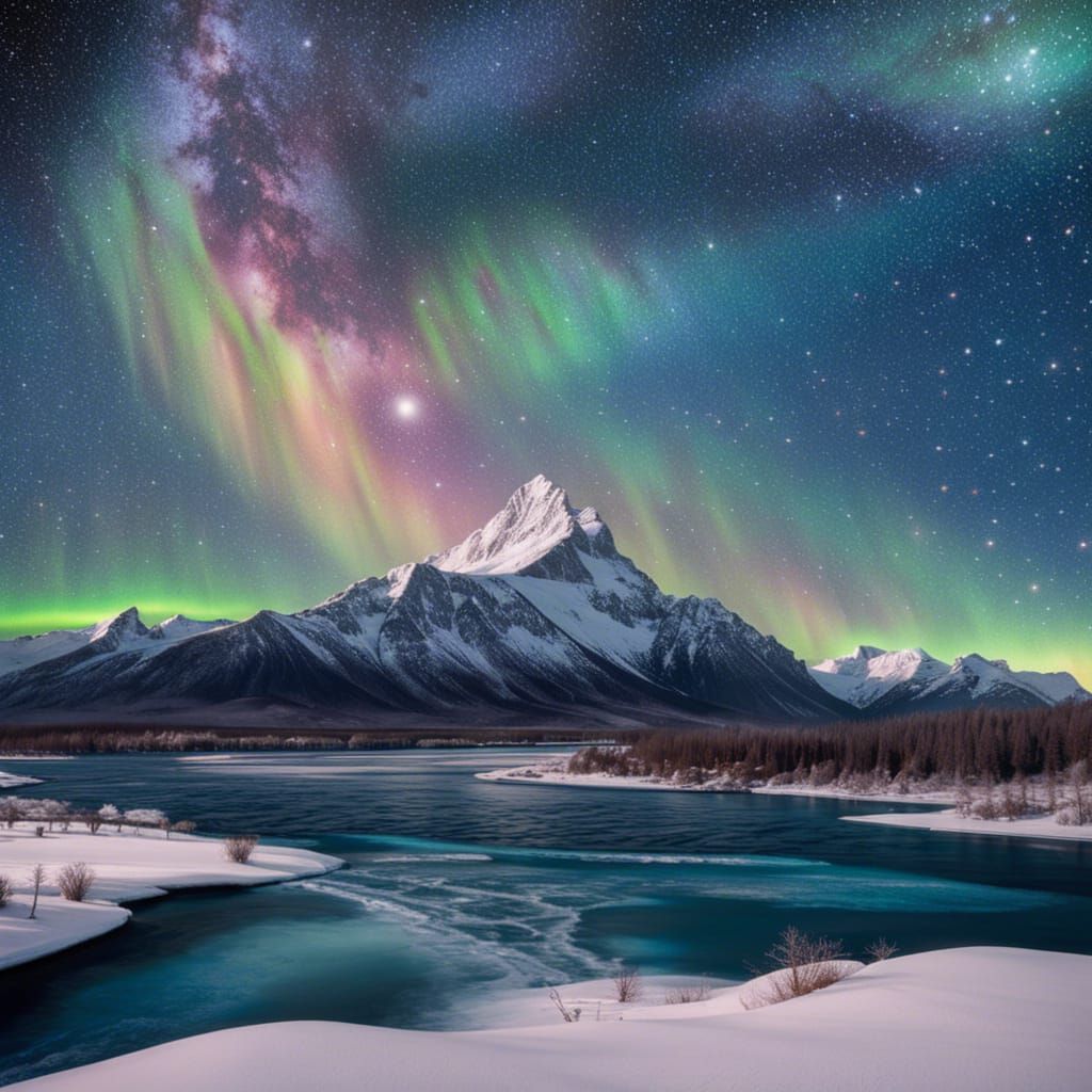 Northern Lights Over Icy Tundra Landscape