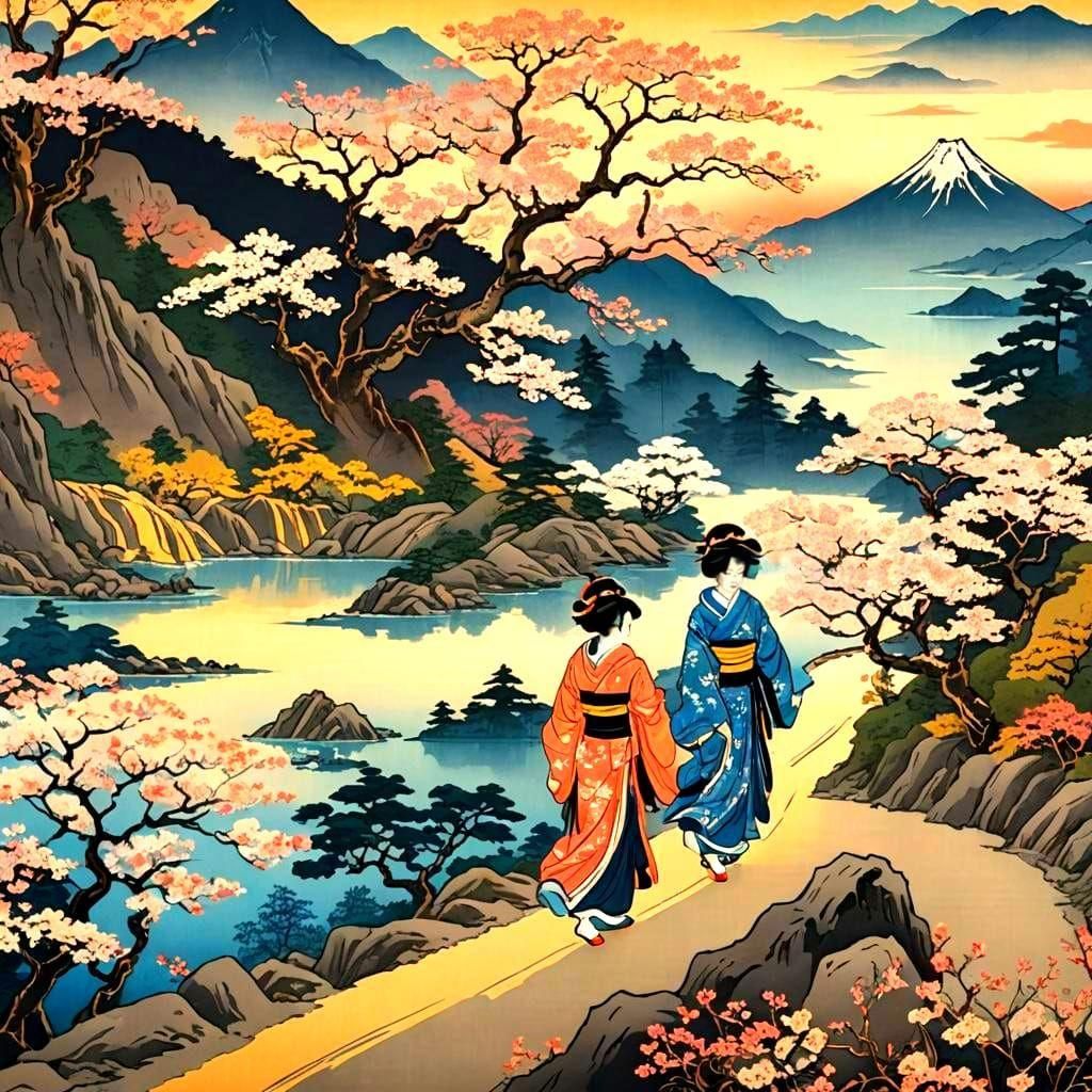 Geishas Strolling in Ukiyo-e Japanese Woodblock Print