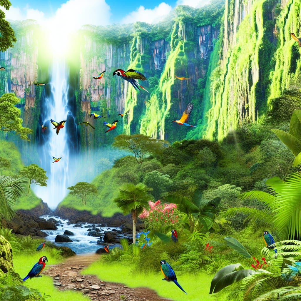 Majestic Waterfall Scene in Lush Green Paradise