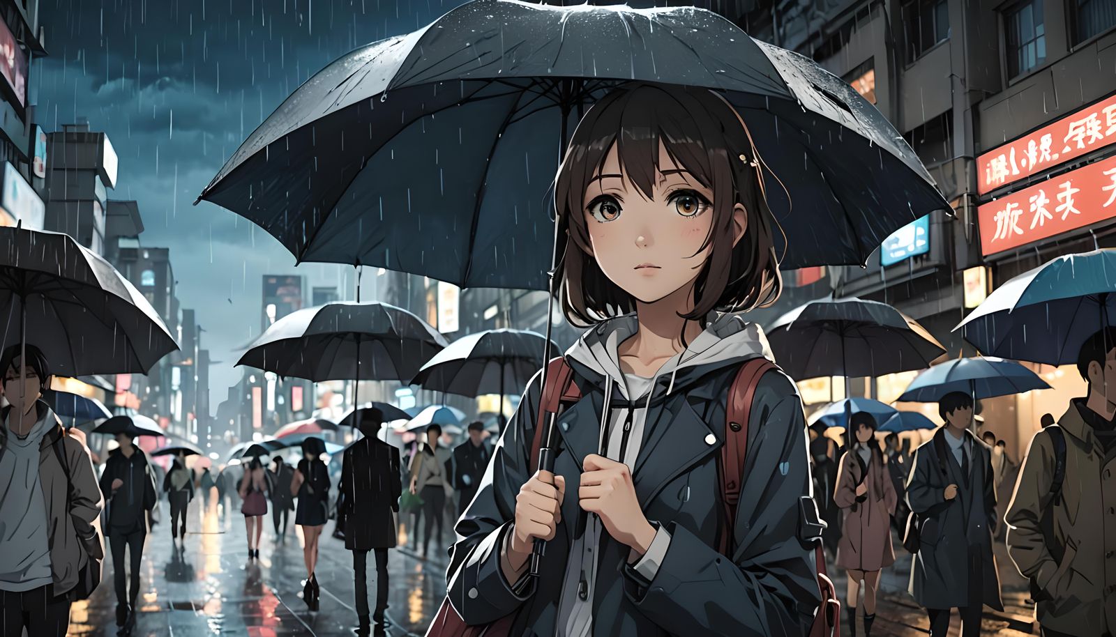Anime Girl in Rainy Cityscape