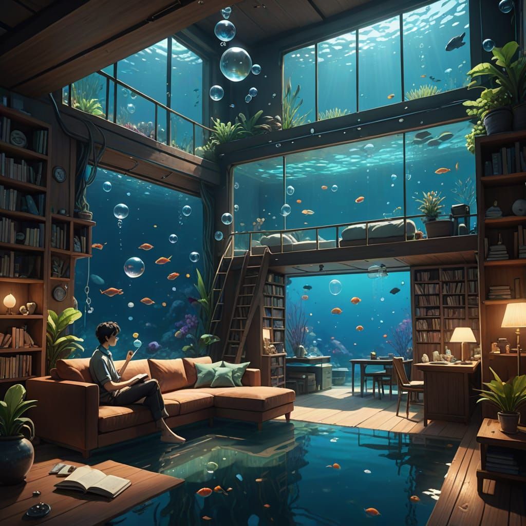 Underwater Apartment with Man Blowing Bubbles