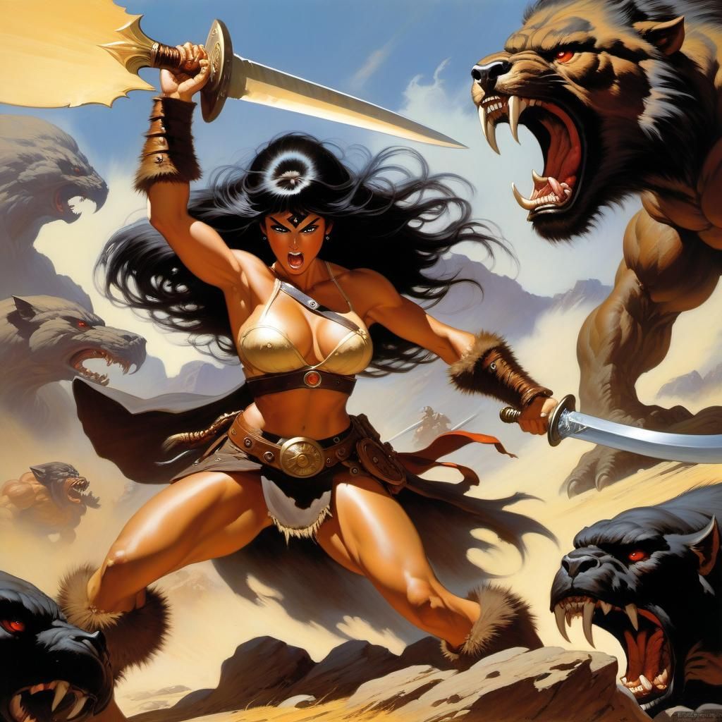 Barbarian Woman vs. Cyclops in Fantasy Art Style