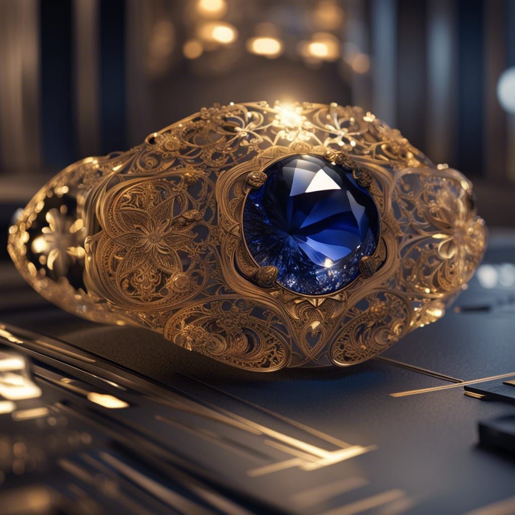 Elaborate Sapphire Carving with Gold Filigree in 8K