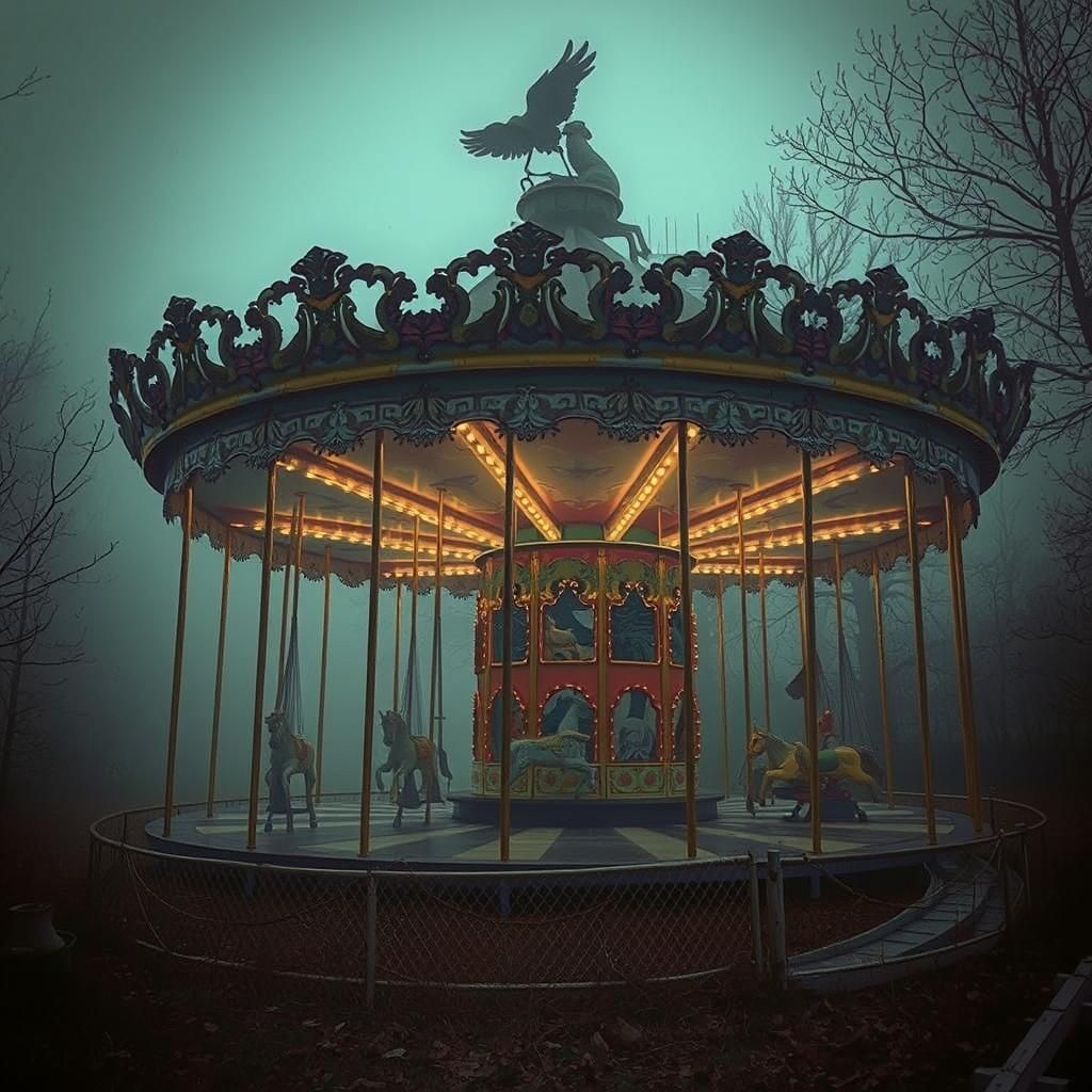 Abandoned Carousel in a Foggy Dystopian Landscape