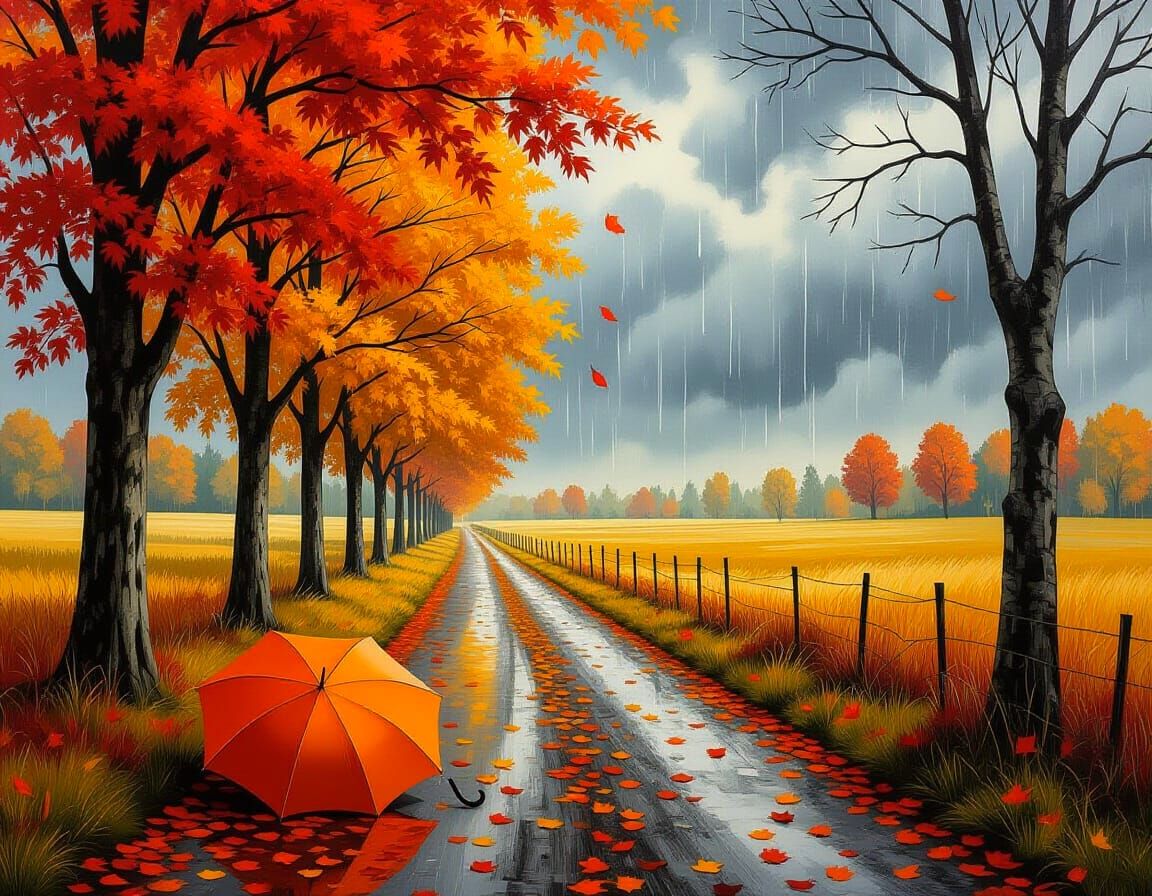Surreal Autumn Path with Orange Umbrella