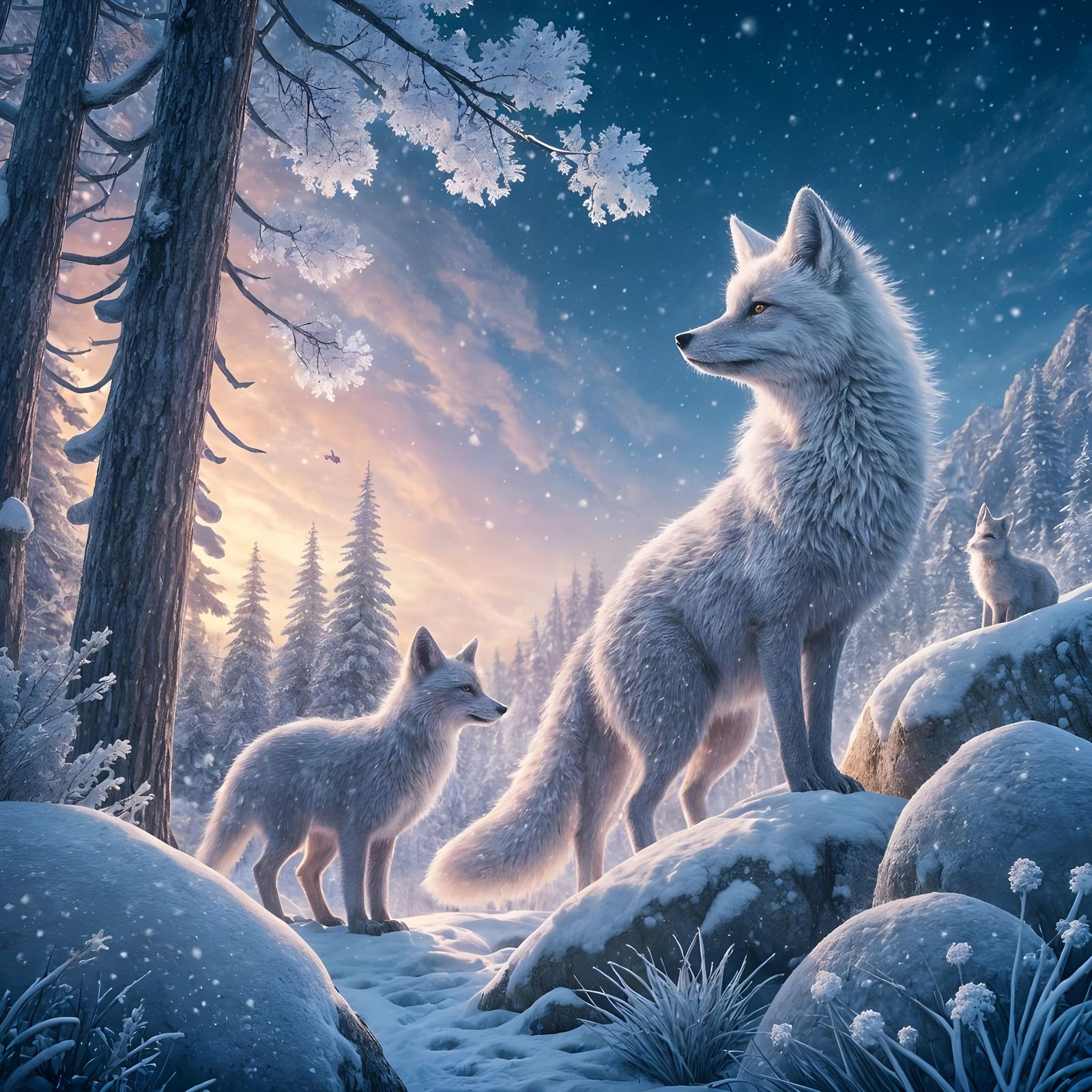 Snow Fox Family in Winter Wonderland