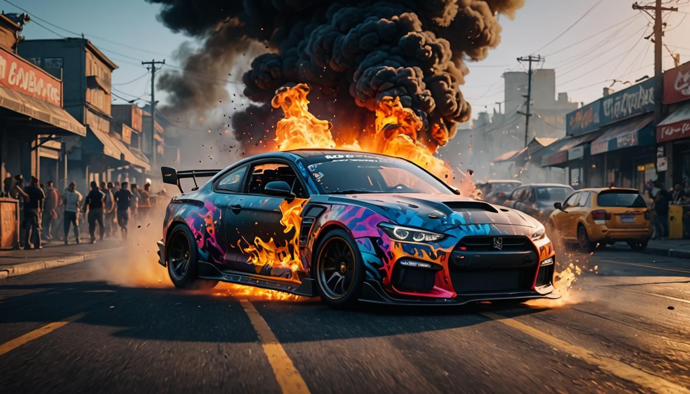 Colorful Fire Car Drift in Detailed Matte Painting
