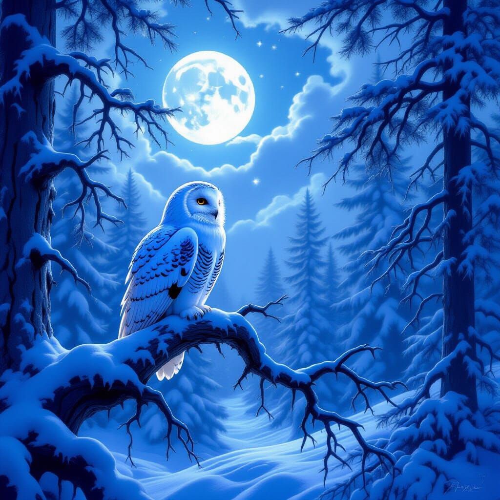 Snowy Owl in Moonlit Winter Forest