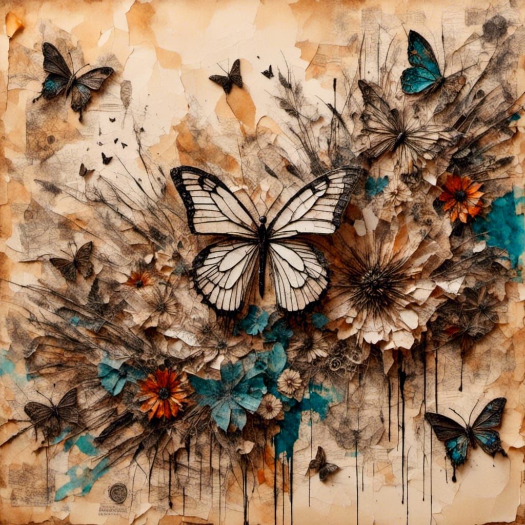 Floral Butterfly Collage in Japanese Ink Style