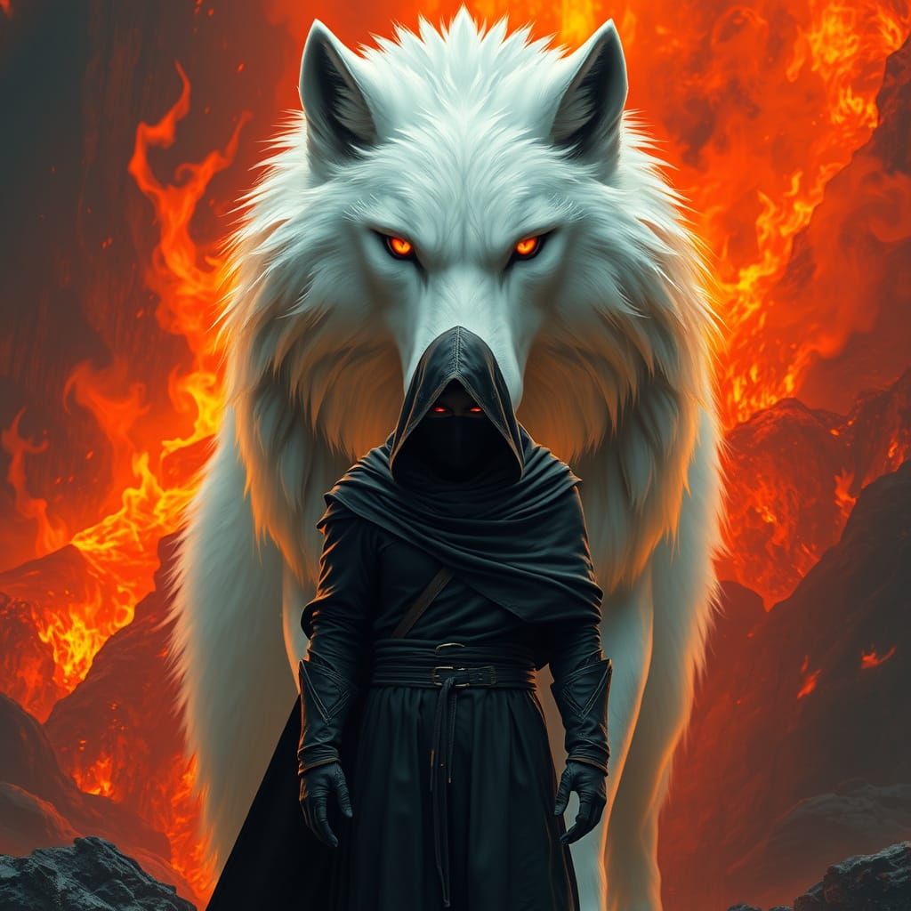 Mysterious Figure Commands Fierce White Wolf Amidst Fiery La...
