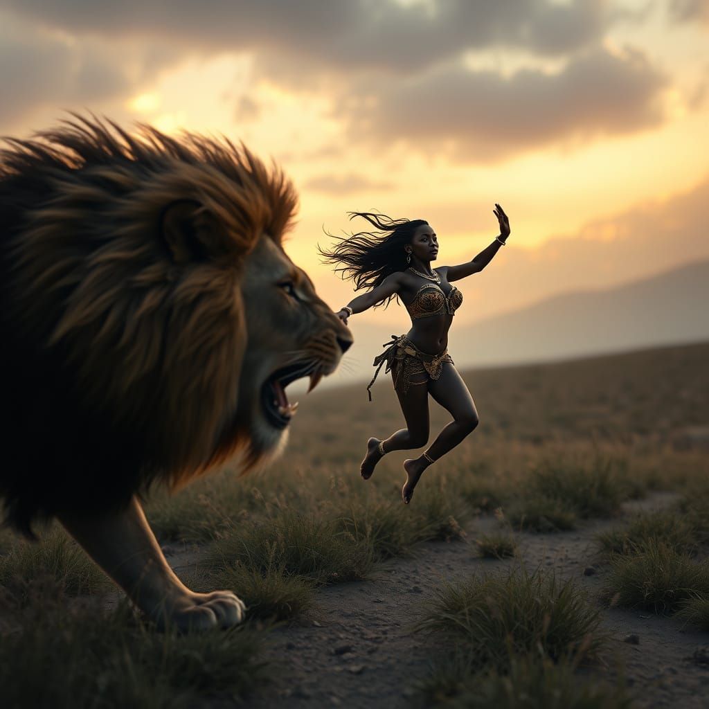 Vixen Carried by Wind Towards Lion, Hyperrealistic