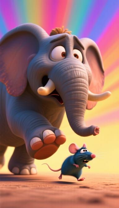 Afraid Elephant and Mouse in Pixar Style