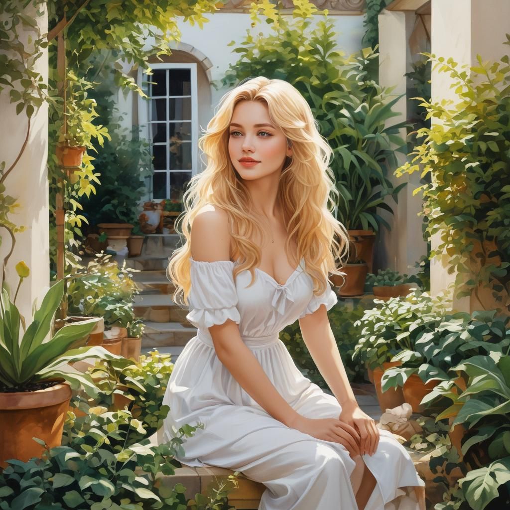 Beautiful Woman in Sunny Garden: Anime Style