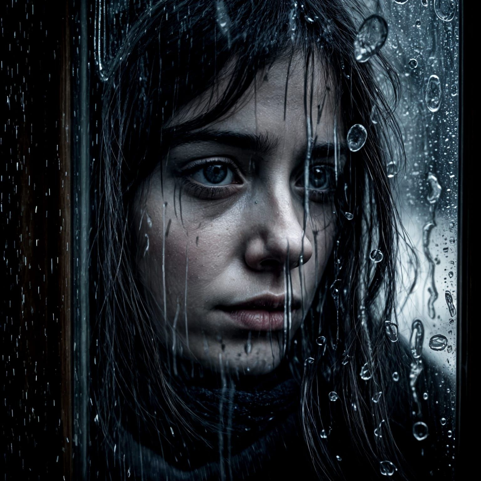 Sorrowful Young Woman Amidst Rainy Morning