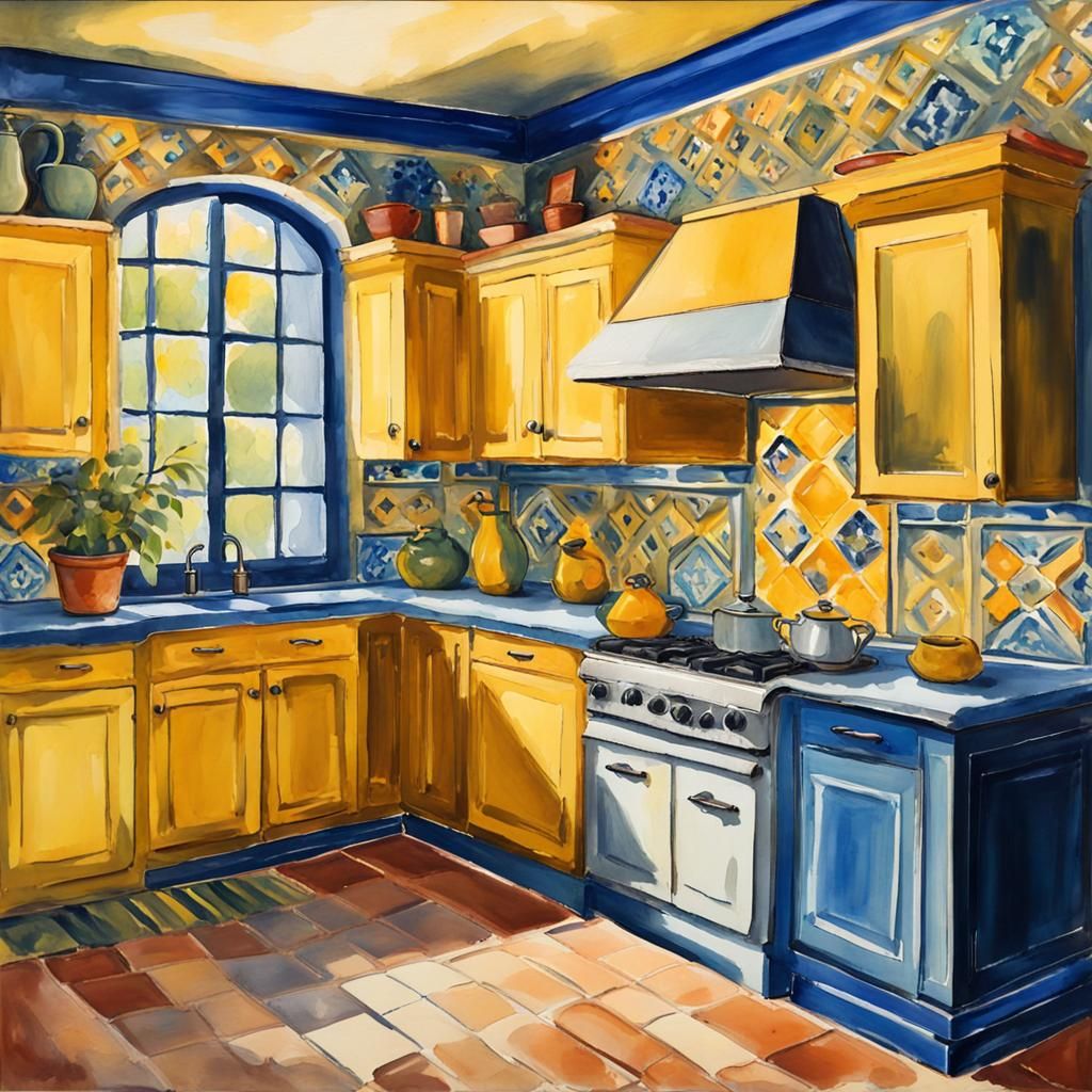 Colorful Kitchen with Spanish Tile in Gouache Style