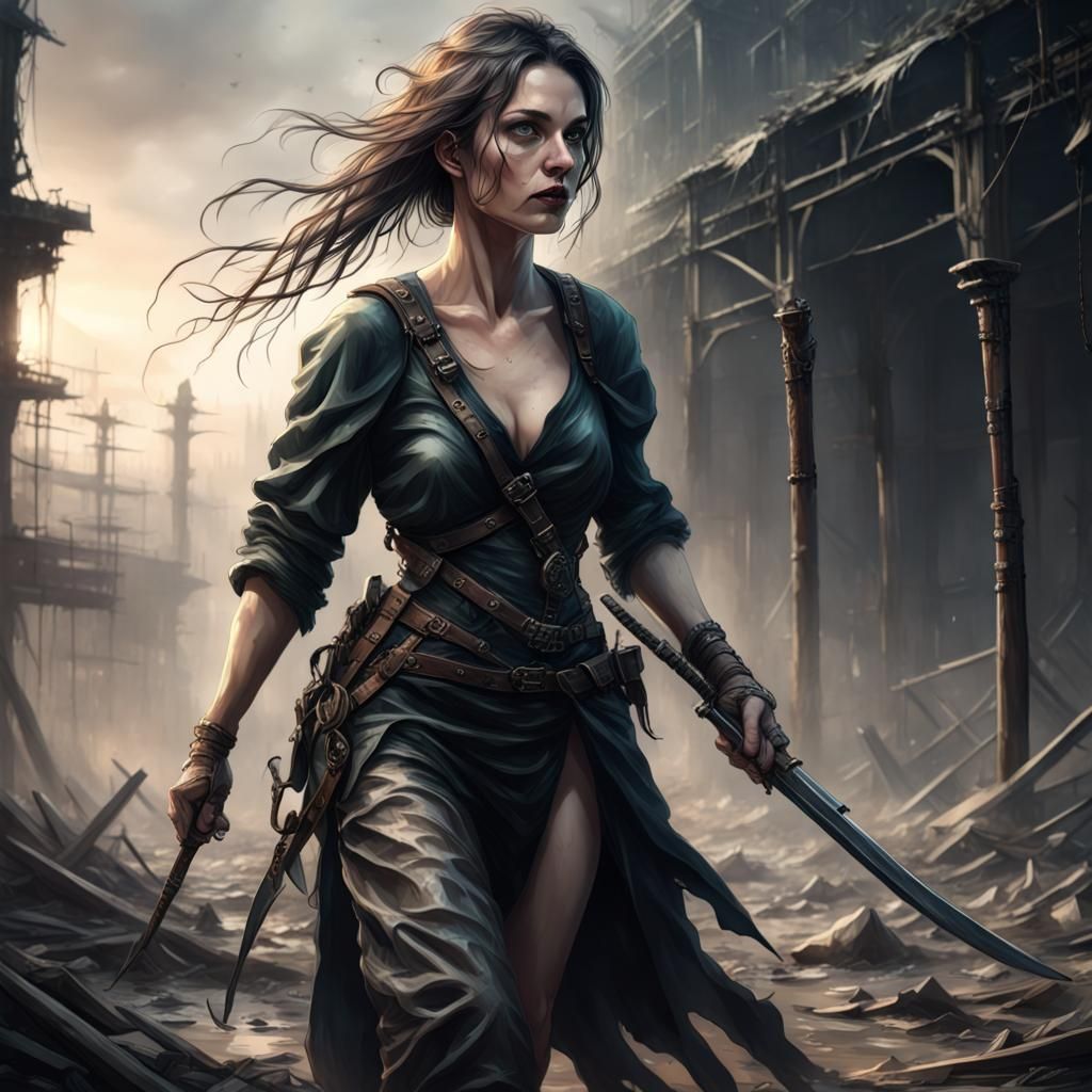 Gothic Woman with Sword in Apocalyptic Scene
