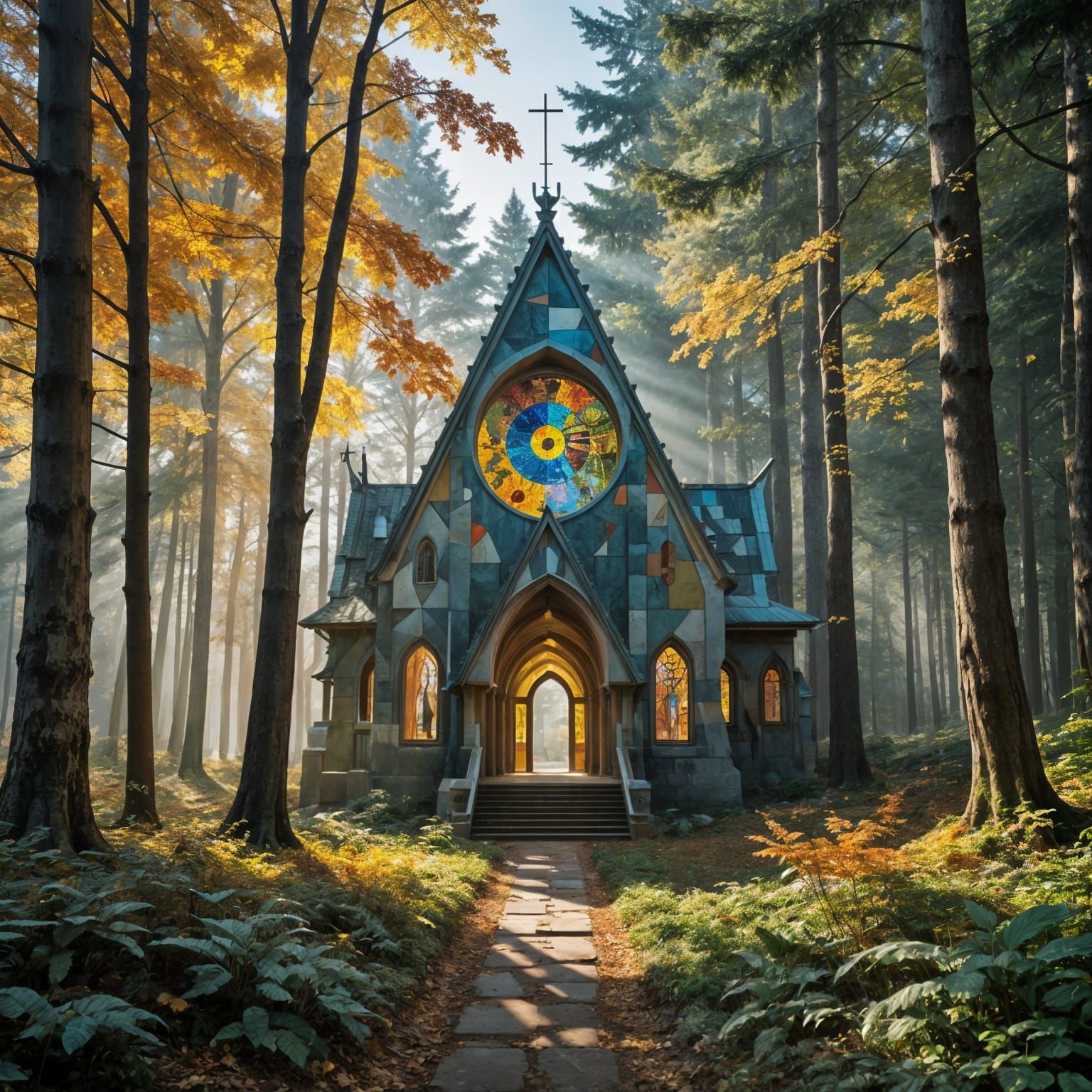 Ethereal Forest Cathedral in Autumn Suminagashi Style