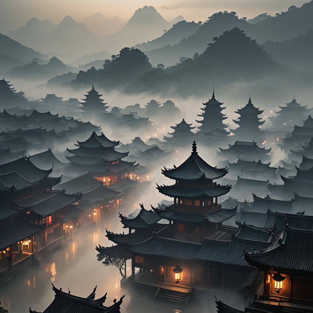 Misty Chinese Town Musician in Cinematic Style