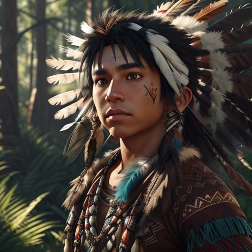 Native American Boy with Feathers in 3D