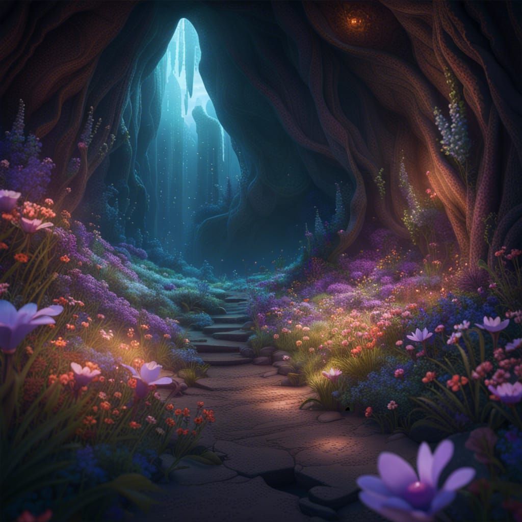 Iridescent Wildflower Cave: Fantasy Concept Art
