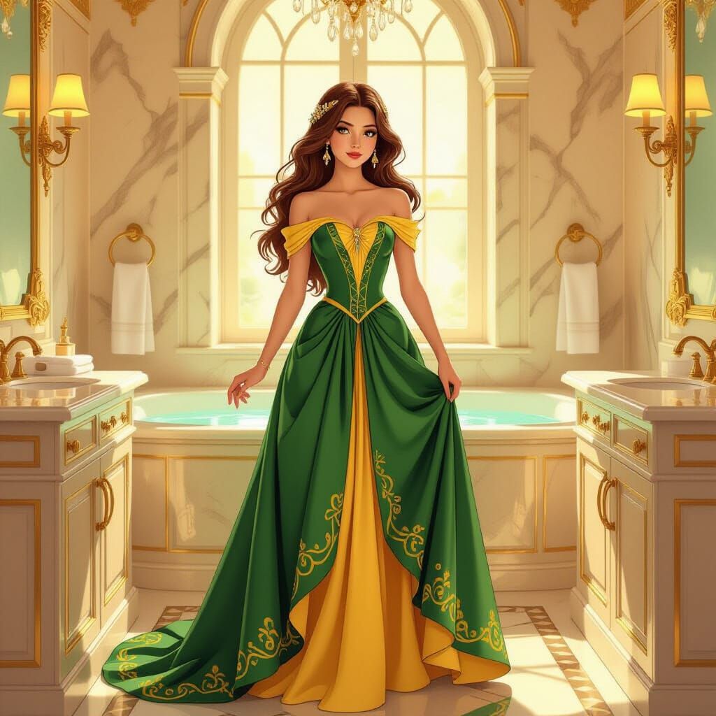 Elegant Princess in Luxurious Bathroom, Art Nouveau Style