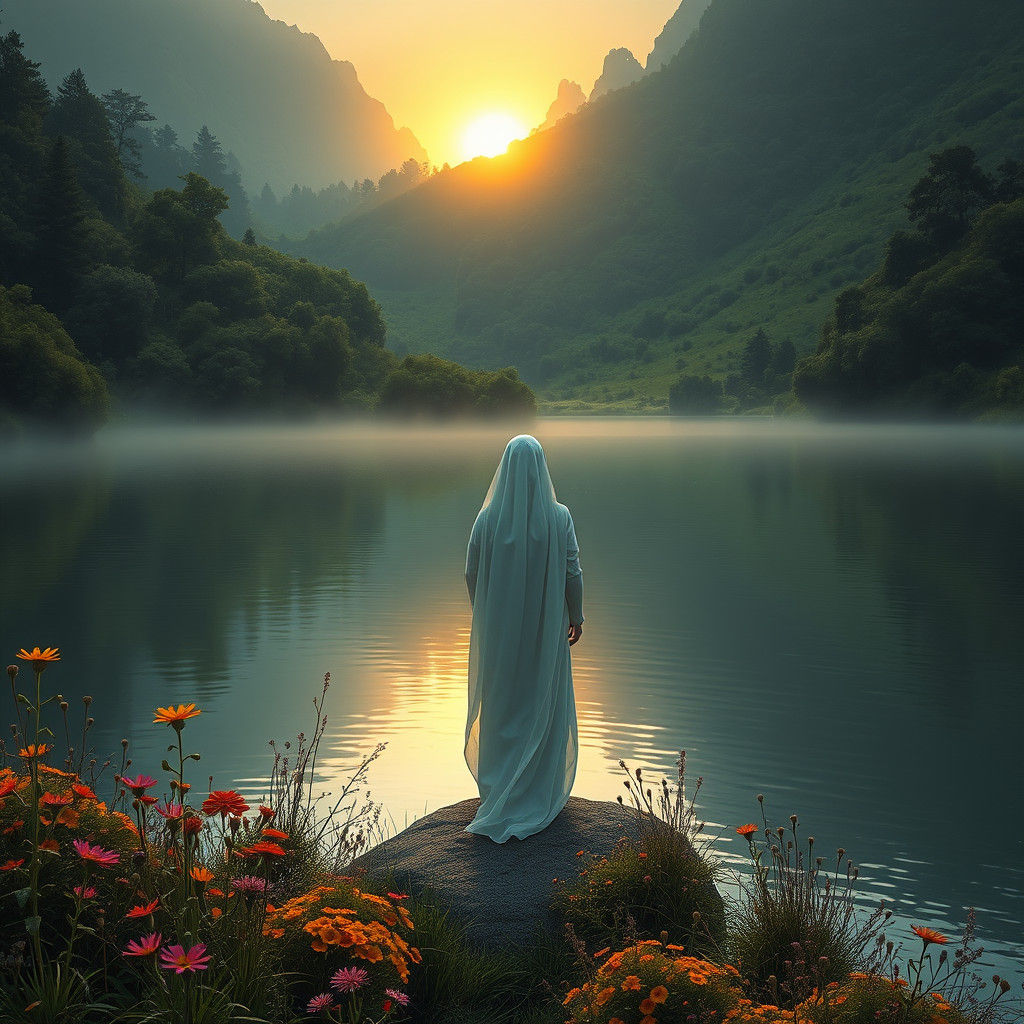 Dawn Figure by Lake in Sci-Fi Surrealism