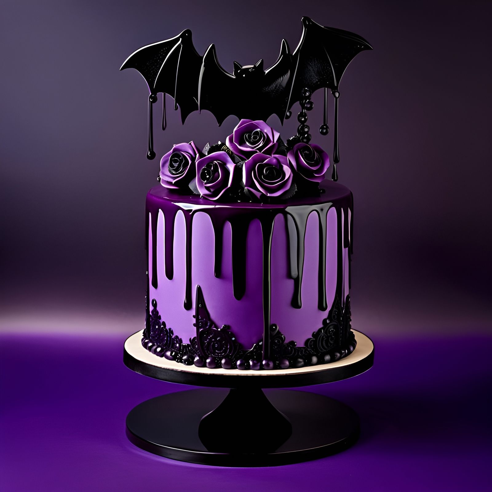 Exquisite Gothic Cake with Dripping Roses and Bat