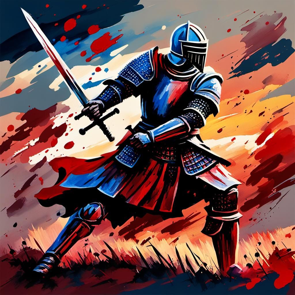 Knight Amidst Battlefield Devastation as Impasto Gouache