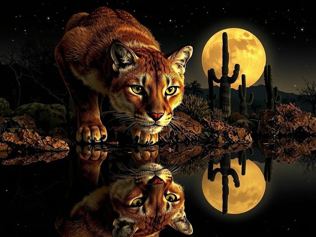 Cougar's Reflection in Desert, Dark Fantasy Style