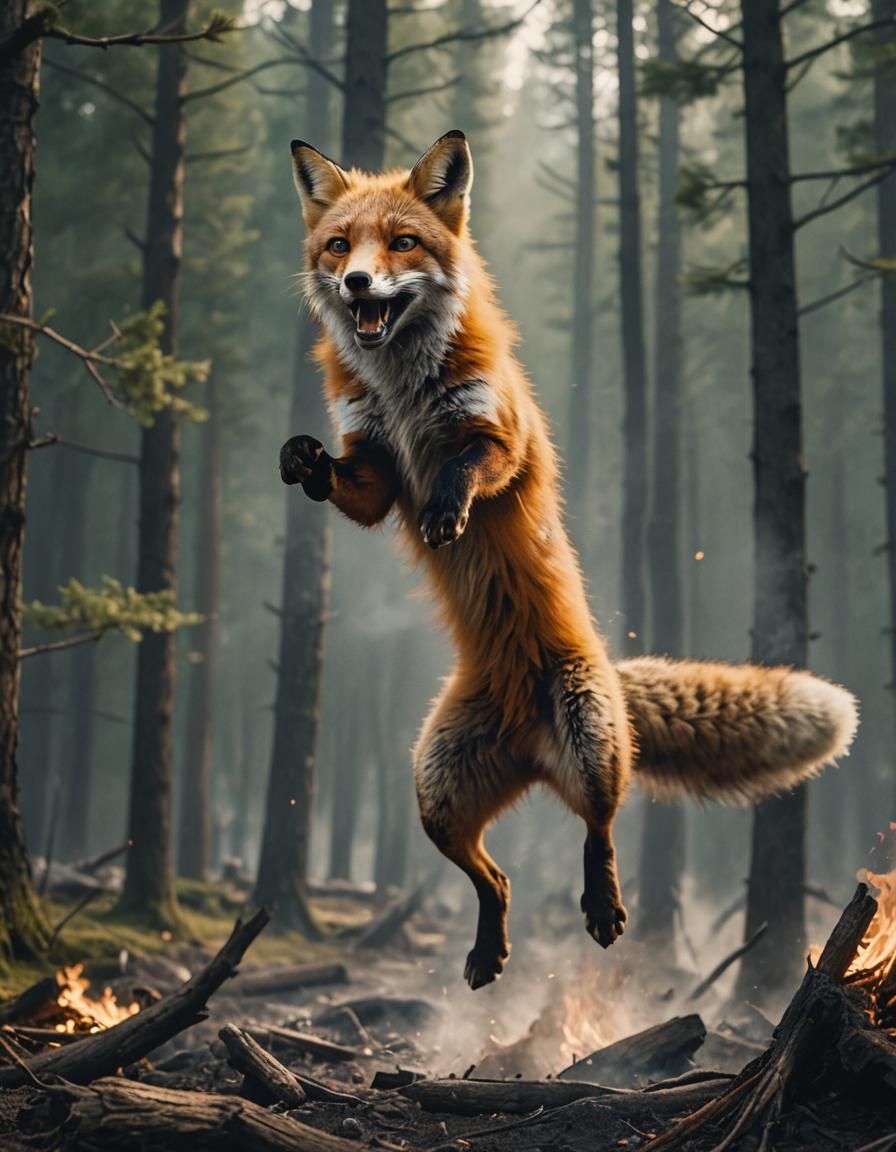 Angry Fox Jumps Through Burning Forest