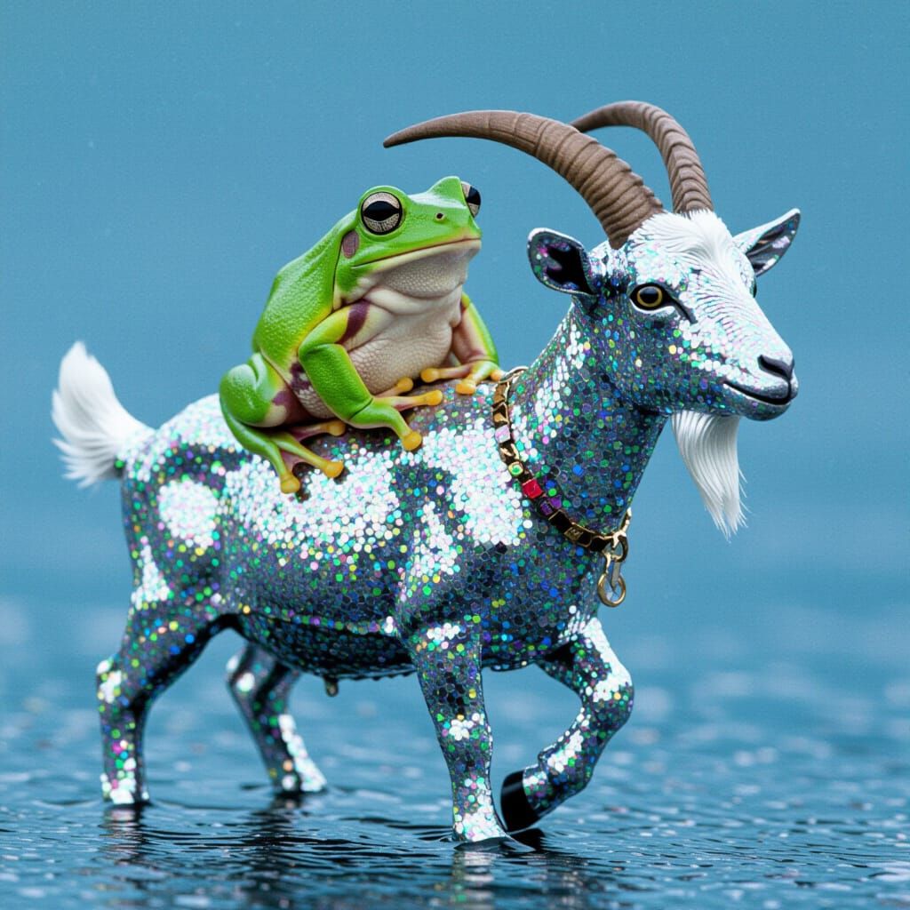 Frog Rides Glittering Goat on Whimsical Journey