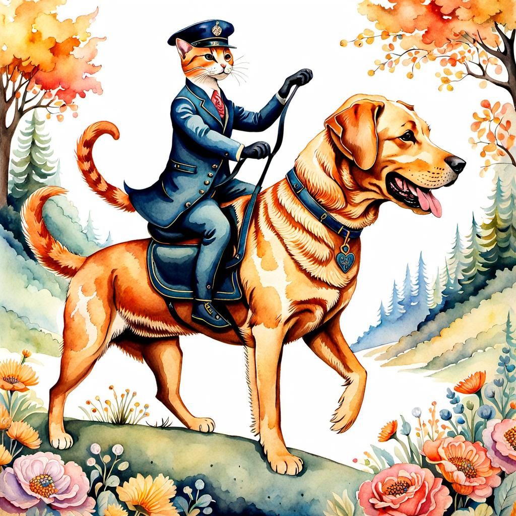 Cat Rides Labrador in Vivid Watercolor Style