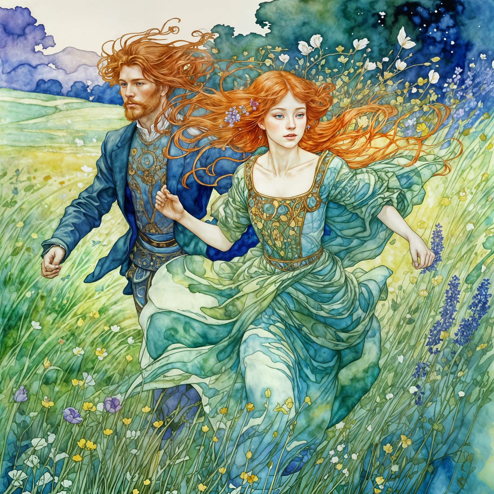 Redhead Princess and Prince in Fantasy Watercolor Illustrati...