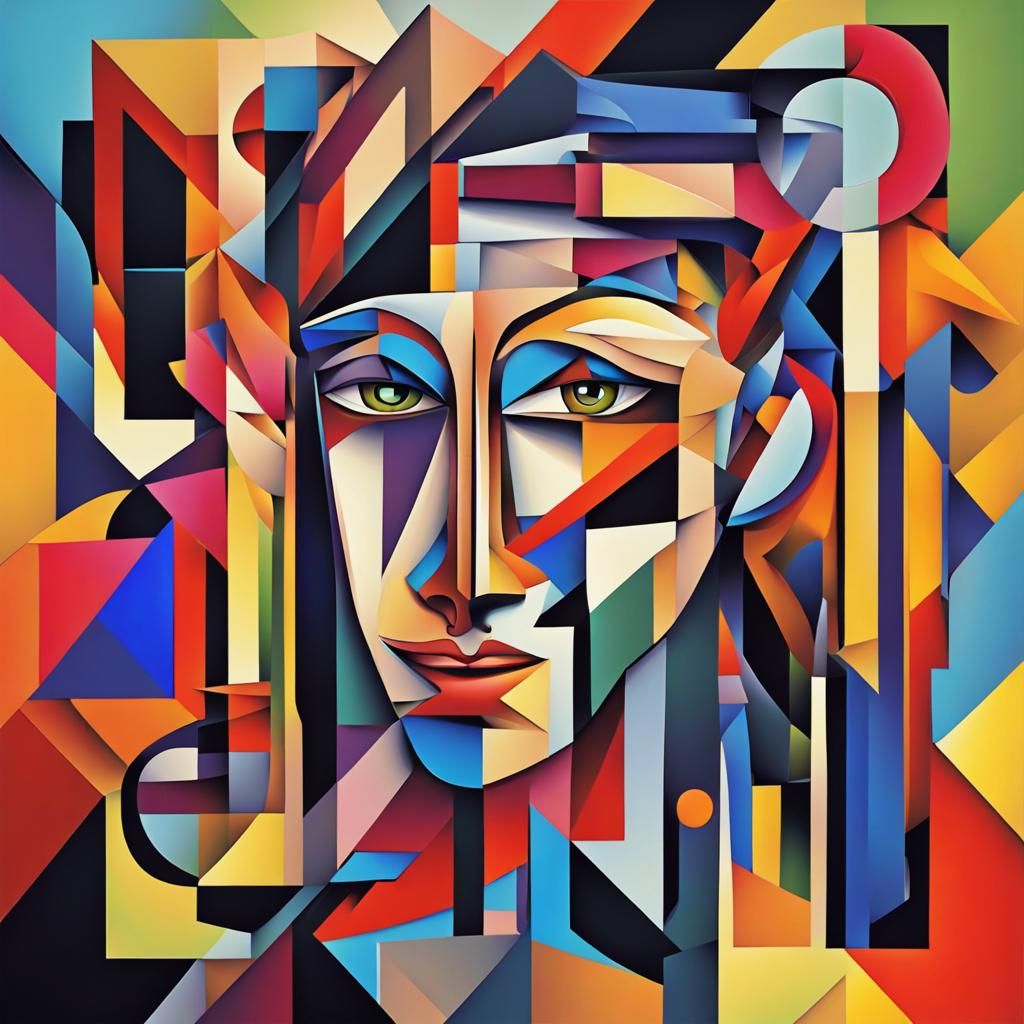 Abstract Ink Face in Cubist Art Deco Style