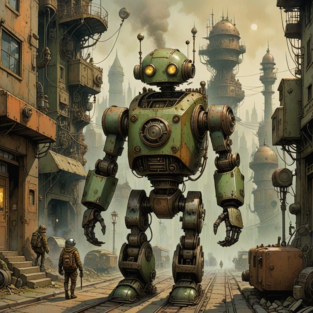 Robot Deliveryman in Muted Watercolour Machinarium Landscape
